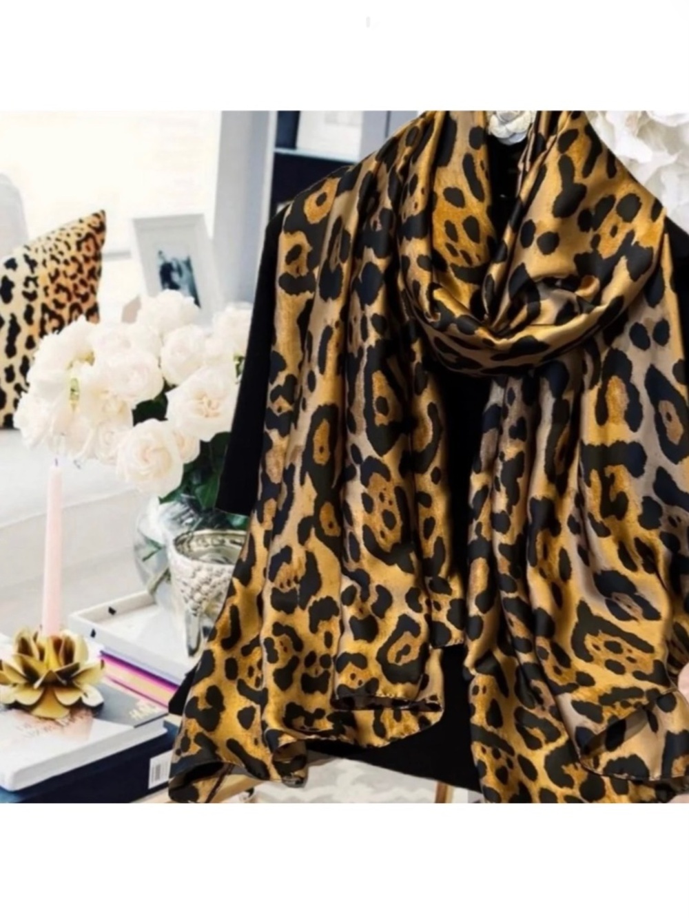 Luxury 100% SILK SATIN Large Shawl Leopard Print Scarf Animal Print Wrap Coverup